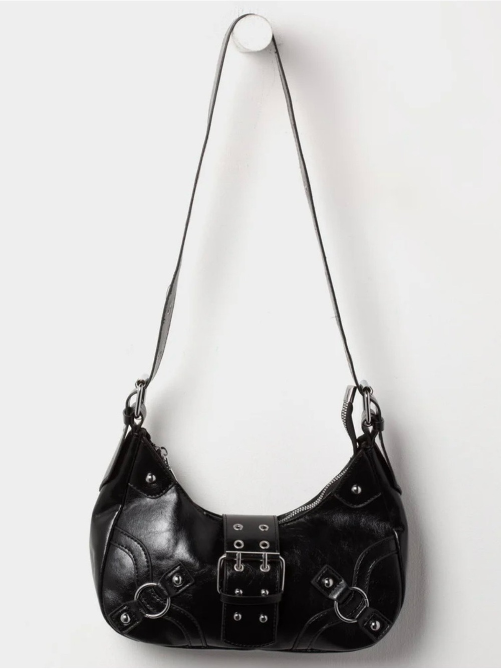 Tilly’s Y2K Black Patent Faux Leather Buckle Stud Goth Punk Shoulder Bag New